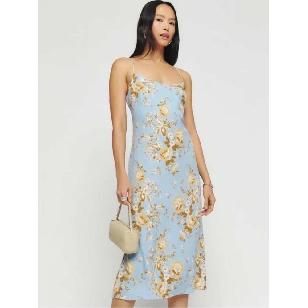 Reformation Dover Floral Print Midi Slip Dress in Heavenly Blue Womens 4